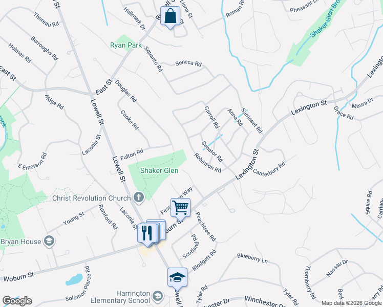 map of restaurants, bars, coffee shops, grocery stores, and more near 44 Robinson Road in Woburn