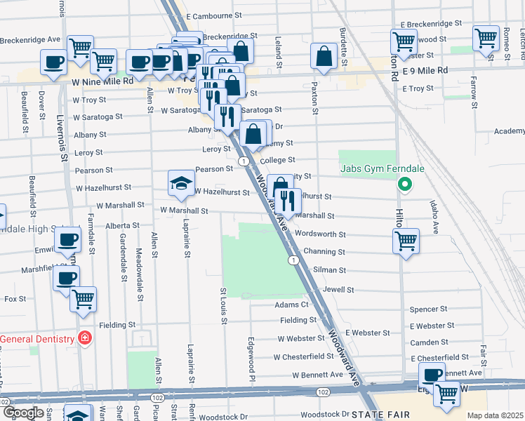 map of restaurants, bars, coffee shops, grocery stores, and more near 22007 Woodward Avenue in Ferndale
