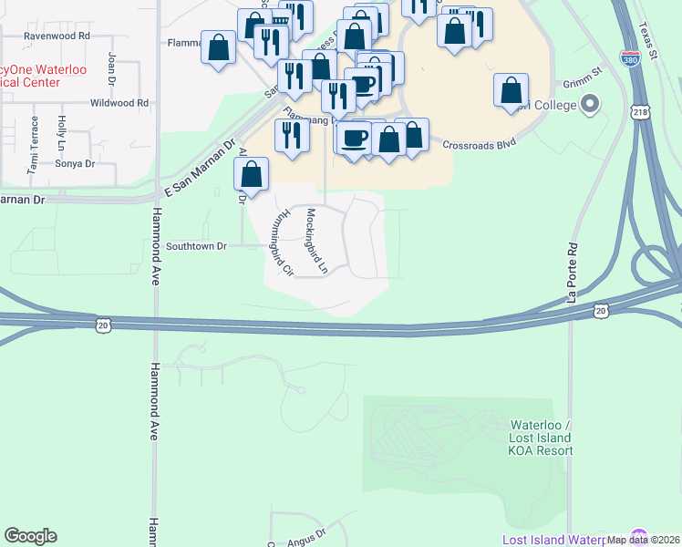 map of restaurants, bars, coffee shops, grocery stores, and more near 1512 Hummingbird Circle in Waterloo