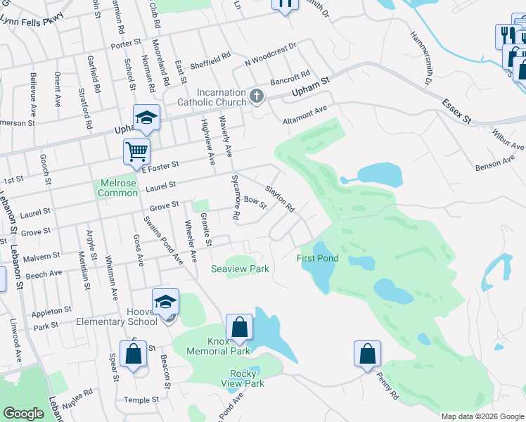 map of restaurants, bars, coffee shops, grocery stores, and more near 33 Sycamore Road in Melrose