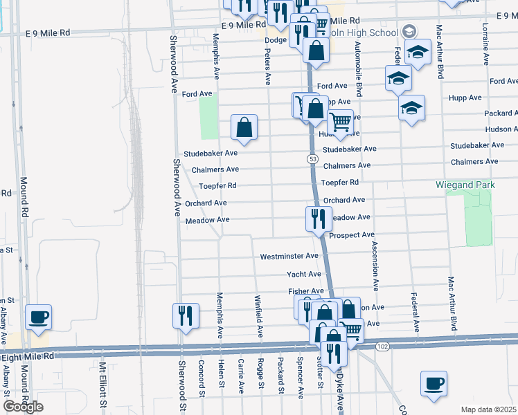 map of restaurants, bars, coffee shops, grocery stores, and more near 7244 Orchard Avenue in Warren