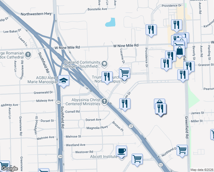 map of restaurants, bars, coffee shops, grocery stores, and more near 16500 North Park Drive in Southfield