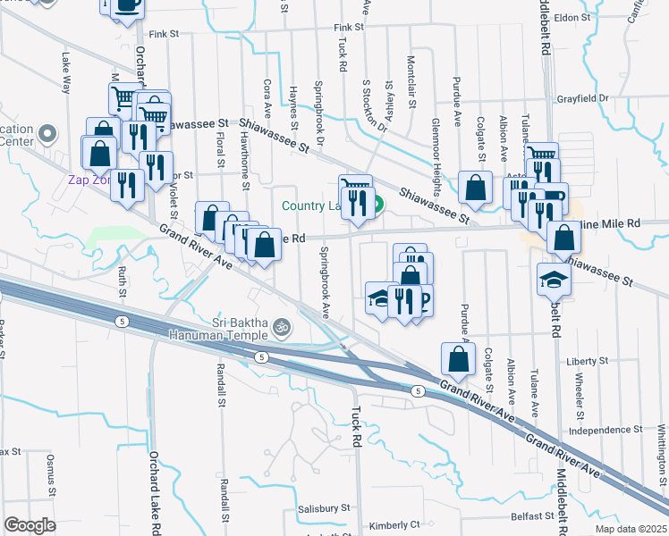 map of restaurants, bars, coffee shops, grocery stores, and more near 22038 Springbrook Avenue in Farmington Hills