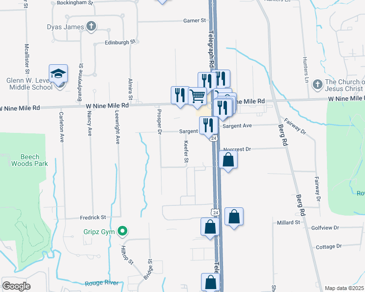 map of restaurants, bars, coffee shops, grocery stores, and more near 22133 Keefer Street in Southfield