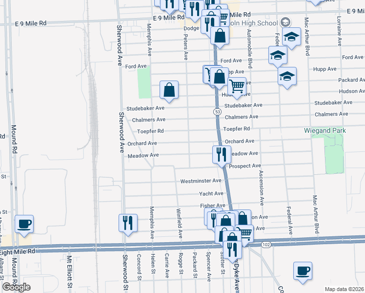 map of restaurants, bars, coffee shops, grocery stores, and more near 7260 Orchard Avenue in Warren