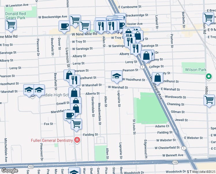 map of restaurants, bars, coffee shops, grocery stores, and more near 483 West Marshall Street in Ferndale