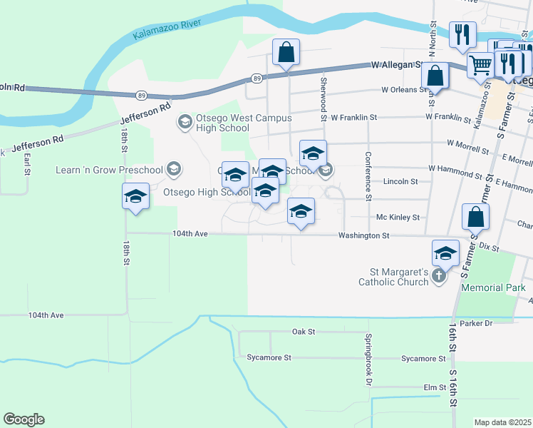 map of restaurants, bars, coffee shops, grocery stores, and more near 570 Washington Street in Otsego