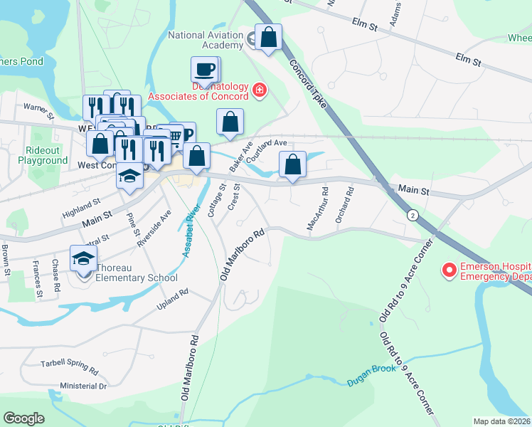 map of restaurants, bars, coffee shops, grocery stores, and more near 79 Old Bridge Road in Concord