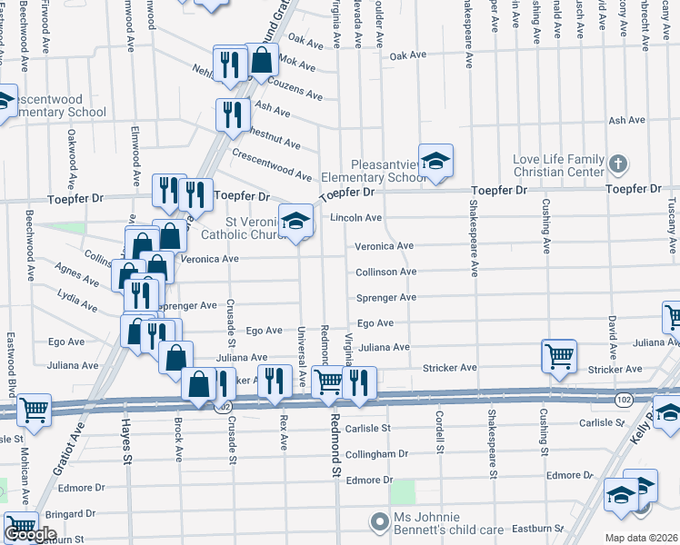 map of restaurants, bars, coffee shops, grocery stores, and more near 21123 Virginia Avenue in Eastpointe
