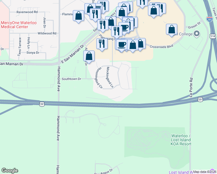 map of restaurants, bars, coffee shops, grocery stores, and more near 1433 Hummingbird Circle in Waterloo