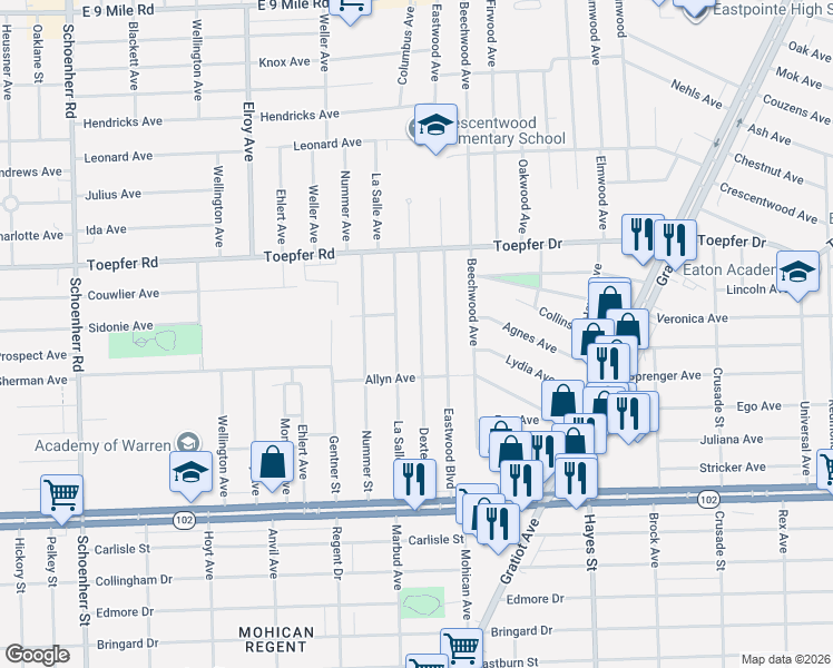 map of restaurants, bars, coffee shops, grocery stores, and more near 21160 Dexter Boulevard in Warren