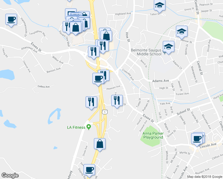 map of restaurants, bars, coffee shops, grocery stores, and more near 17 Pleasant Avenue in Saugus