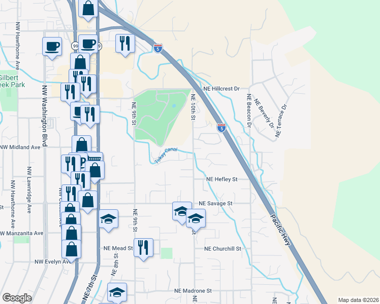 map of restaurants, bars, coffee shops, grocery stores, and more near 970 Northeast Dewey Drive in Grants Pass