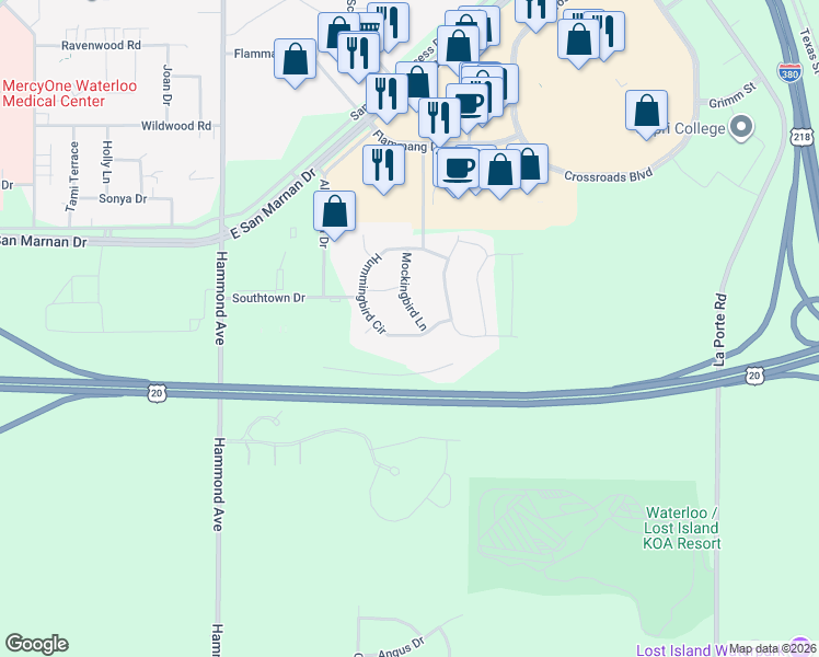 map of restaurants, bars, coffee shops, grocery stores, and more near 1433 Hummingbird Circle in Waterloo