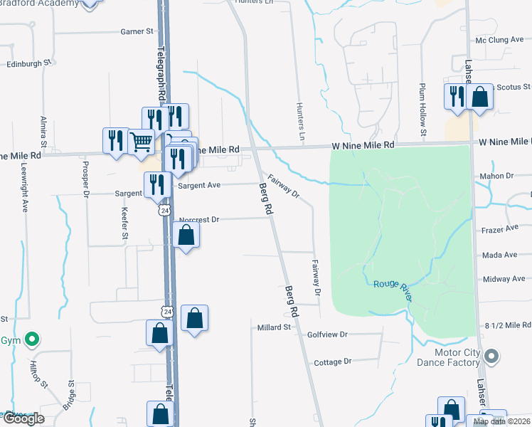 map of restaurants, bars, coffee shops, grocery stores, and more near 23586 Norcrest Dr in Southfield
