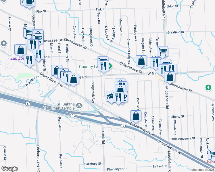 map of restaurants, bars, coffee shops, grocery stores, and more near 22209 Atlantic Pointe in Farmington Hills