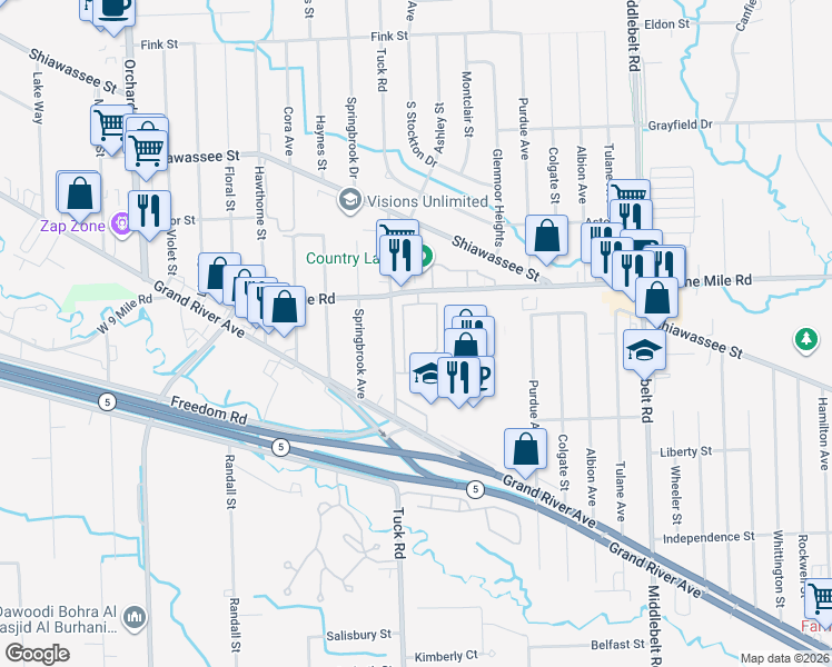 map of restaurants, bars, coffee shops, grocery stores, and more near 22209 Atlantic Pointe in Farmington Hills