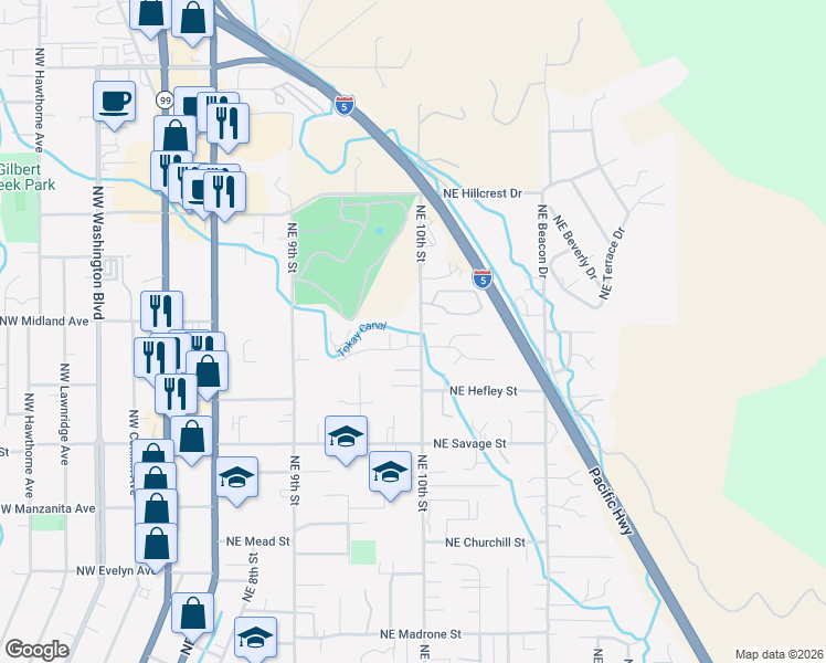 map of restaurants, bars, coffee shops, grocery stores, and more near 970 Northeast Dewey Drive in Grants Pass