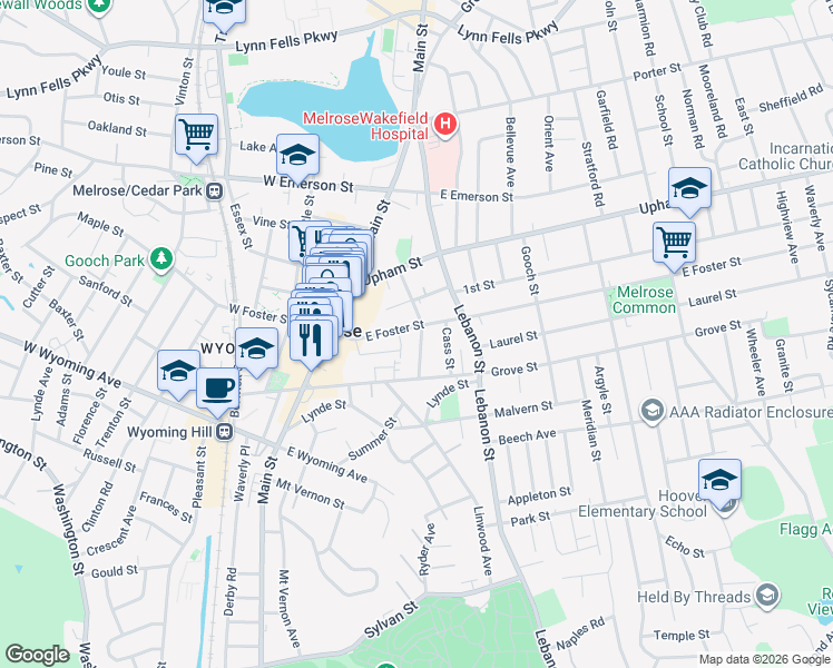 map of restaurants, bars, coffee shops, grocery stores, and more near 61 Leonard Road in Melrose