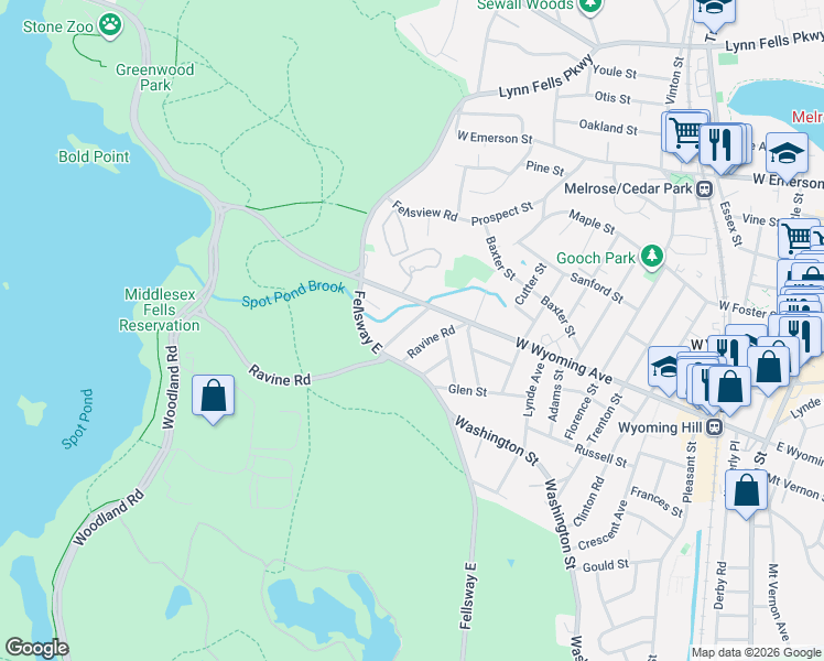 map of restaurants, bars, coffee shops, grocery stores, and more near 4 Philips Road in Stoneham