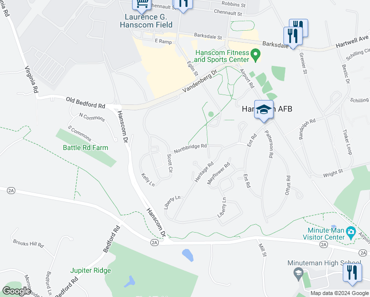 map of restaurants, bars, coffee shops, grocery stores, and more near 152 Scott Circle in Hanscom Air Force Base