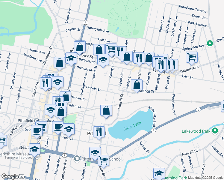 map of restaurants, bars, coffee shops, grocery stores, and more near 111 Lincoln Street in Pittsfield