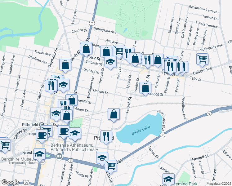 map of restaurants, bars, coffee shops, grocery stores, and more near 111 Lincoln Street in Pittsfield