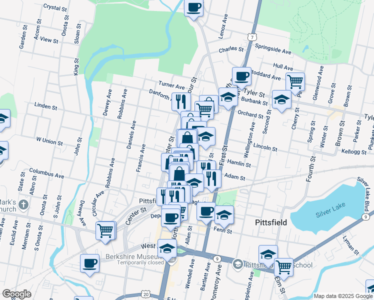 map of restaurants, bars, coffee shops, grocery stores, and more near 409 North Street in Pittsfield
