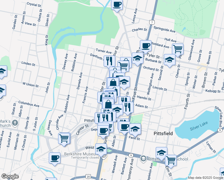 map of restaurants, bars, coffee shops, grocery stores, and more near 409 North Street in Pittsfield