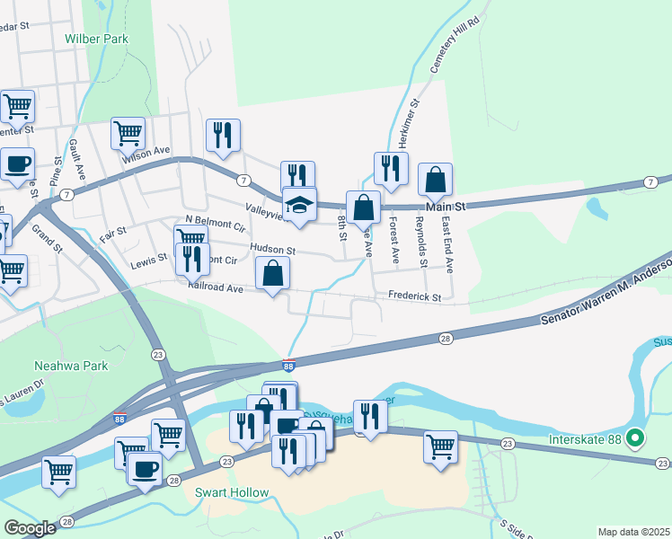 map of restaurants, bars, coffee shops, grocery stores, and more near 86 Hudson Street in Oneonta