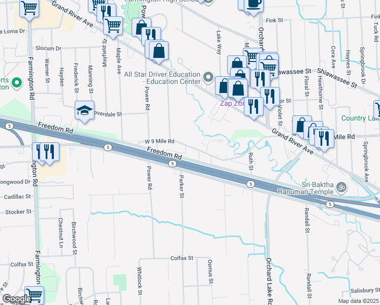 map of restaurants, bars, coffee shops, grocery stores, and more near 31720 Freedom Road in Farmington Hills