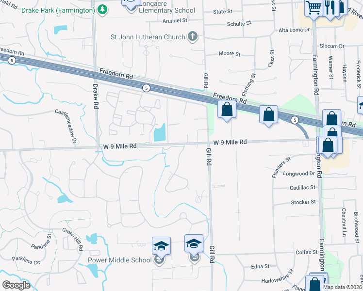 map of restaurants, bars, coffee shops, grocery stores, and more near 22180 Indian Creek Drive in Farmington Hills