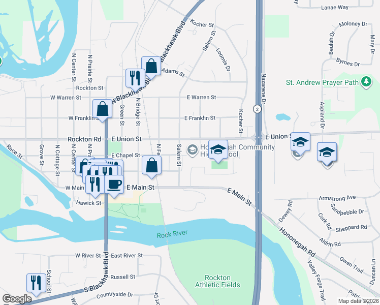 map of restaurants, bars, coffee shops, grocery stores, and more near 307 Salem Street in Rockton