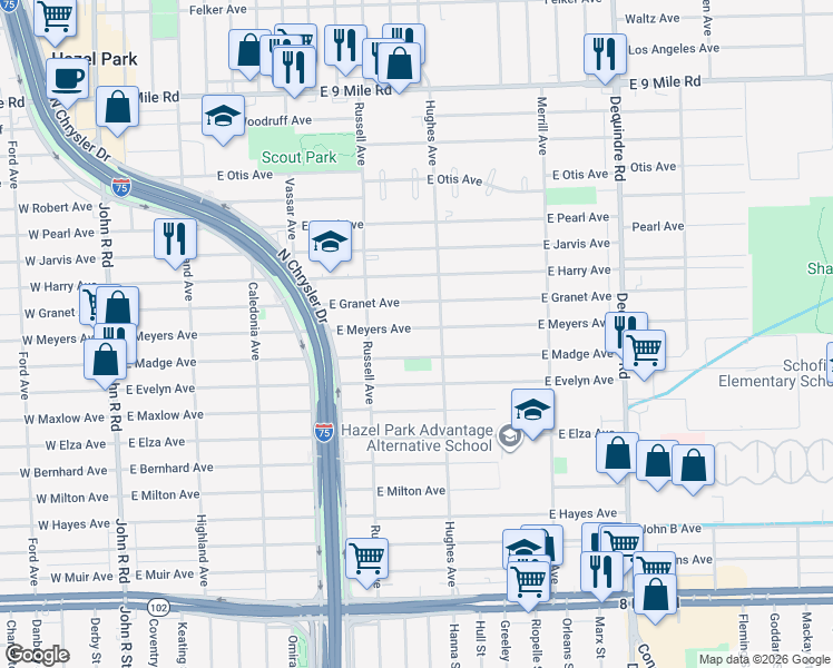 map of restaurants, bars, coffee shops, grocery stores, and more near 1244 East Meyers Avenue in Hazel Park