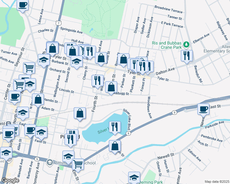 map of restaurants, bars, coffee shops, grocery stores, and more near 13 Kellogg Street in Pittsfield