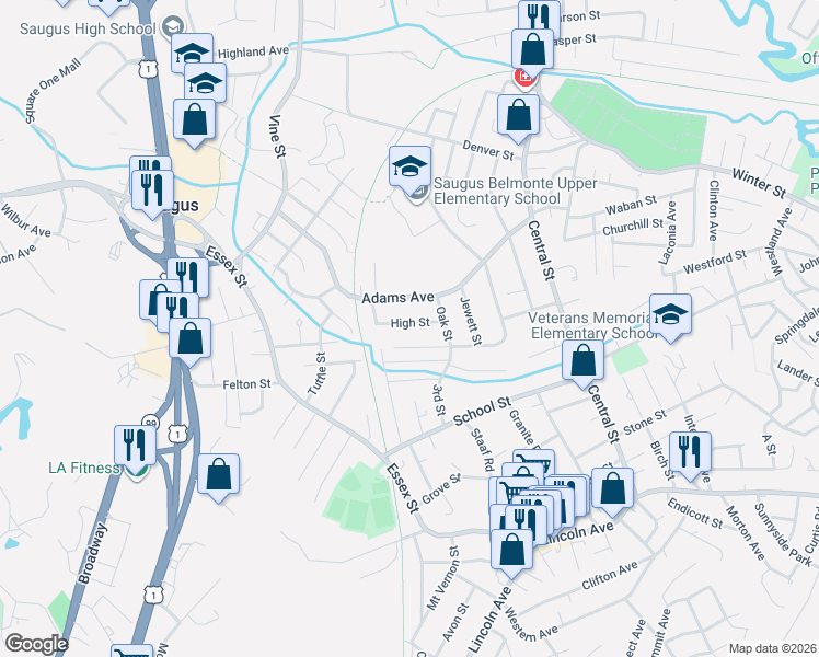 map of restaurants, bars, coffee shops, grocery stores, and more near 16 High Street in Saugus