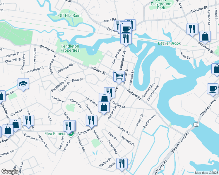 map of restaurants, bars, coffee shops, grocery stores, and more near 15 Hemingway Road in Saugus