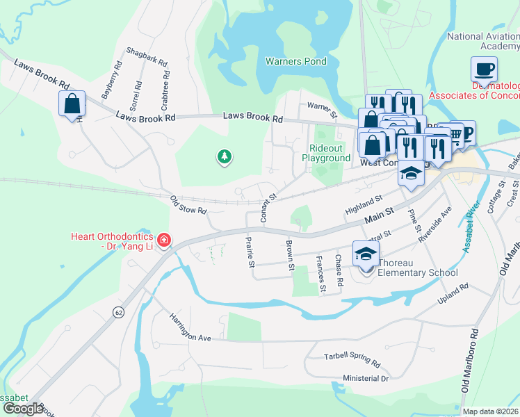 map of restaurants, bars, coffee shops, grocery stores, and more near 51 Damon Street in Concord