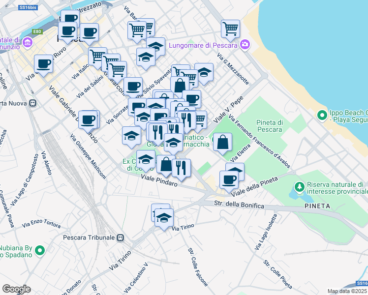 map of restaurants, bars, coffee shops, grocery stores, and more near 15 Viale V. Pepe in Pescara