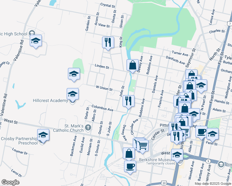 map of restaurants, bars, coffee shops, grocery stores, and more near 43 West Union Street in Pittsfield