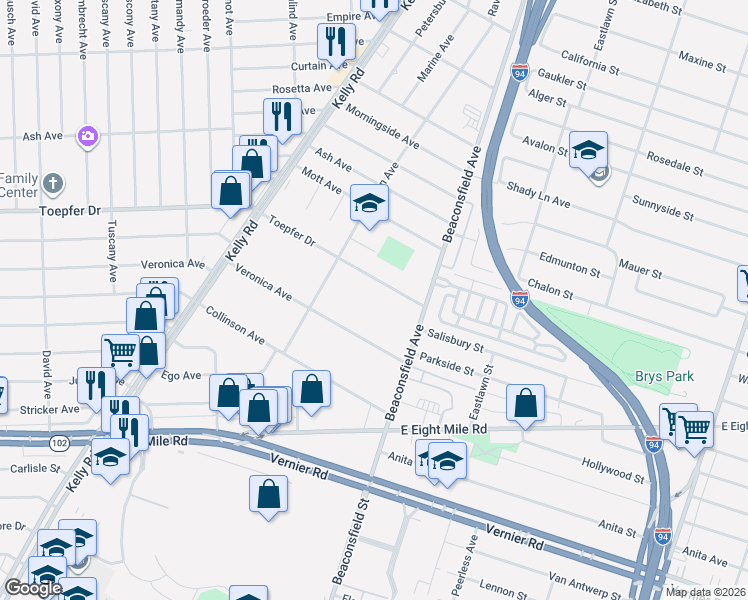 map of restaurants, bars, coffee shops, grocery stores, and more near 19114 Toepfer Drive in Eastpointe