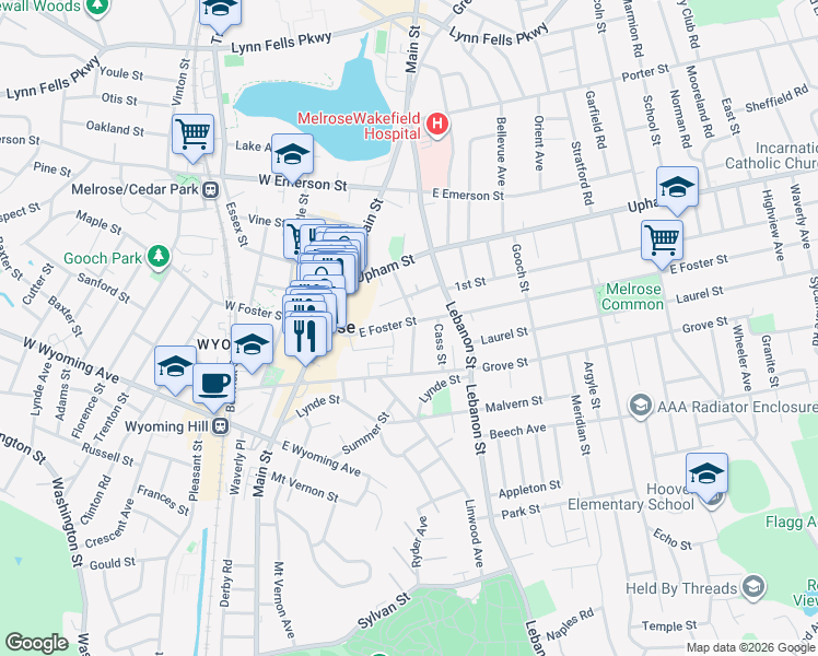 map of restaurants, bars, coffee shops, grocery stores, and more near 61 Leonard Road in Melrose