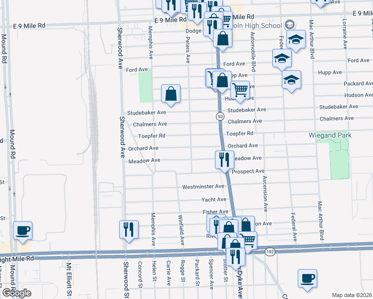 map of restaurants, bars, coffee shops, grocery stores, and more near 7276 Orchard Avenue in Warren