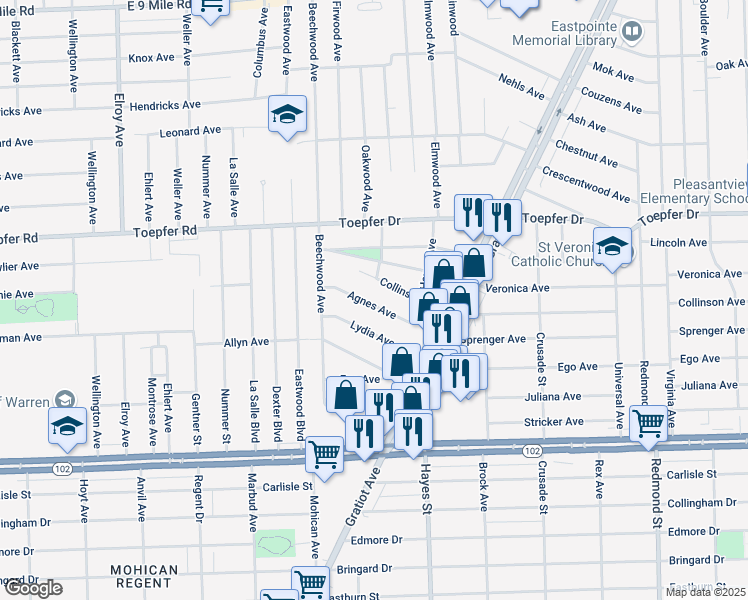 map of restaurants, bars, coffee shops, grocery stores, and more near 14725 Agnes Avenue in Eastpointe