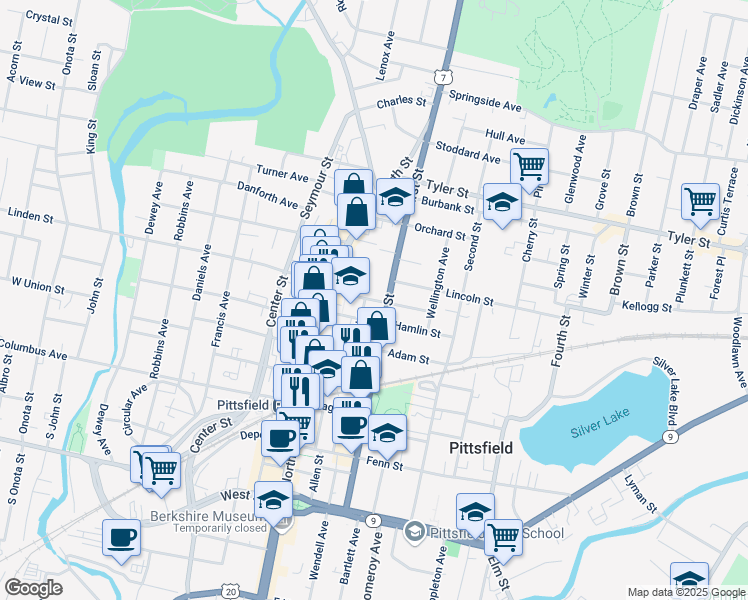 map of restaurants, bars, coffee shops, grocery stores, and more near 40 Maplewood Avenue in Pittsfield