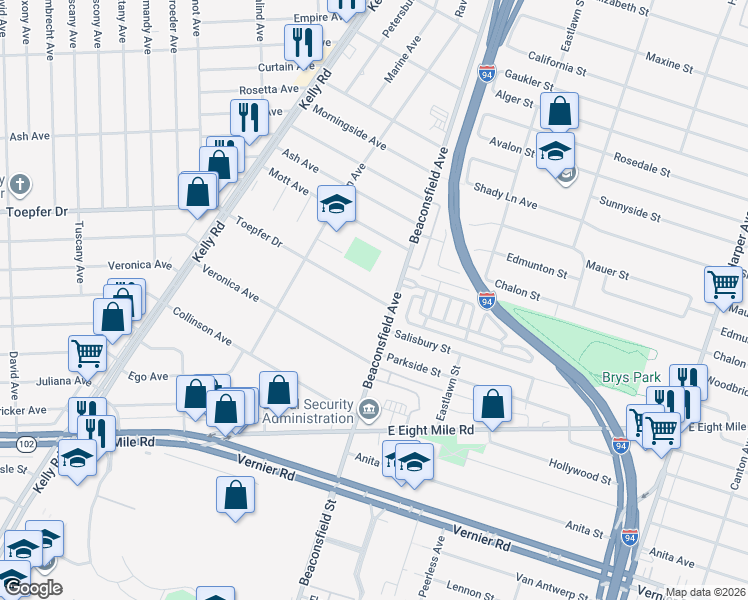 map of restaurants, bars, coffee shops, grocery stores, and more near 19160 Toepfer Dr in Eastpointe