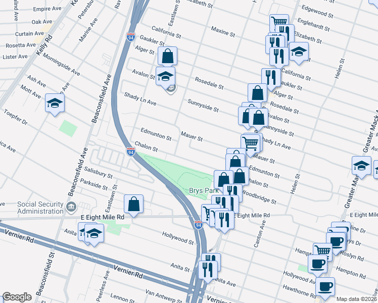 map of restaurants, bars, coffee shops, grocery stores, and more near 20207 Chalon Street in St. Clair Shores