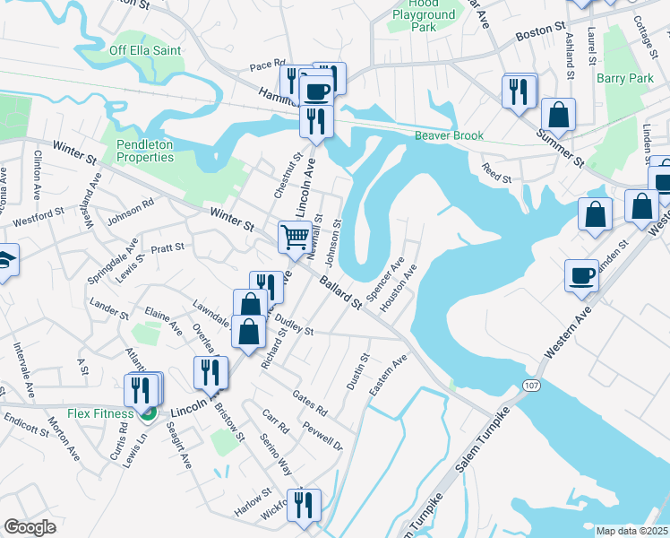 map of restaurants, bars, coffee shops, grocery stores, and more near 17 Ballard Street in Saugus