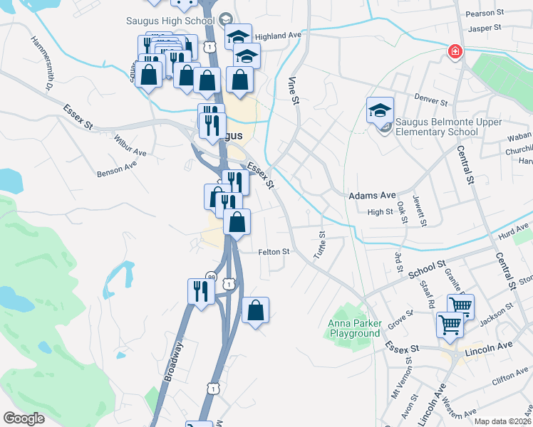 map of restaurants, bars, coffee shops, grocery stores, and more near 17 Pleasant Avenue in Saugus