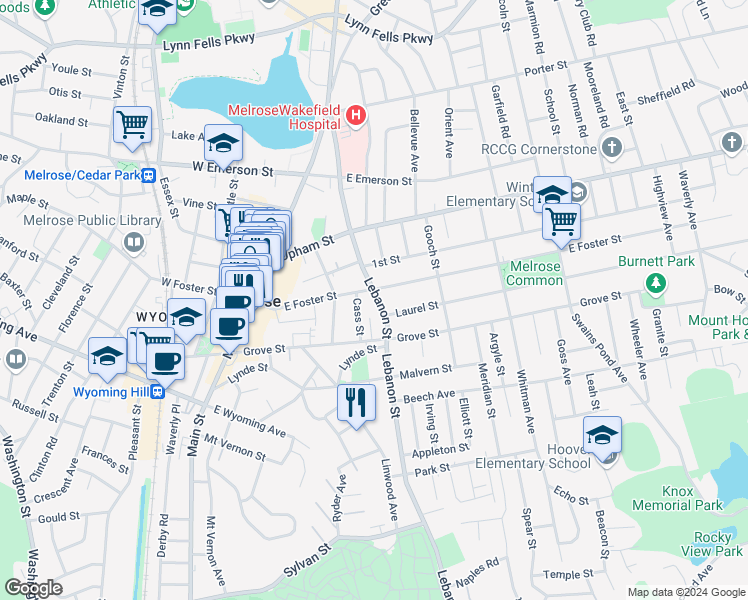 map of restaurants, bars, coffee shops, grocery stores, and more near 431 Lebanon Street in Melrose